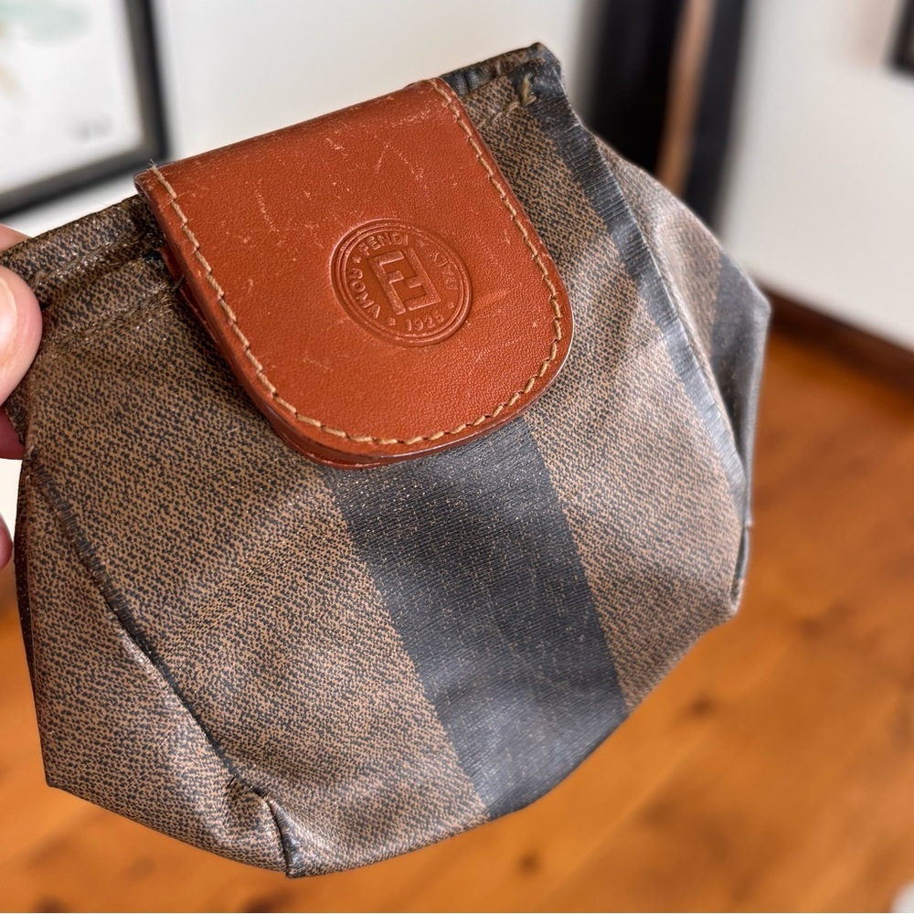 FENDI Vintage Fendi Pequin Stripe Coin Pouch Mini Wallet Brown Logo Italy - Picture 11 of 12